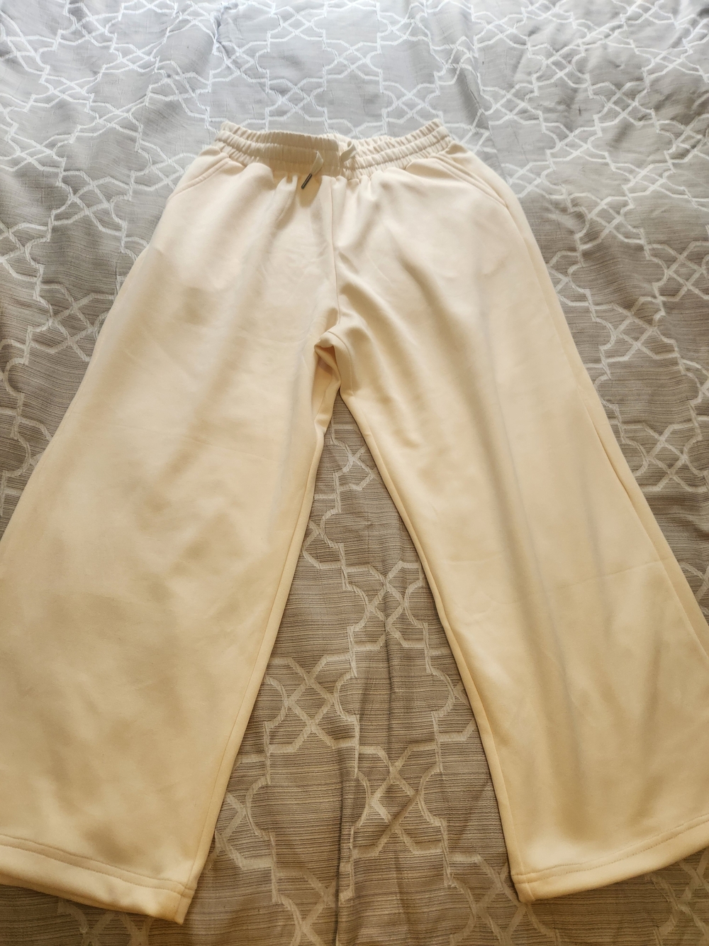 Wide Leg Cream Women's Pants - Elastic Waist F
